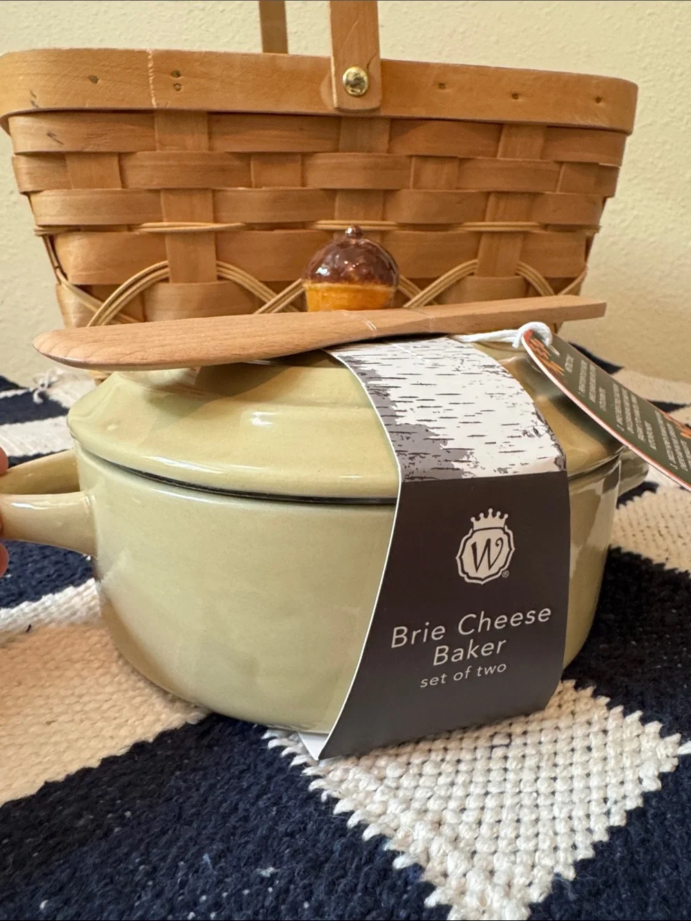 Wild Eye Design Olive Green Baked Brie Baker with Wooden Spreader and Acorn Knob